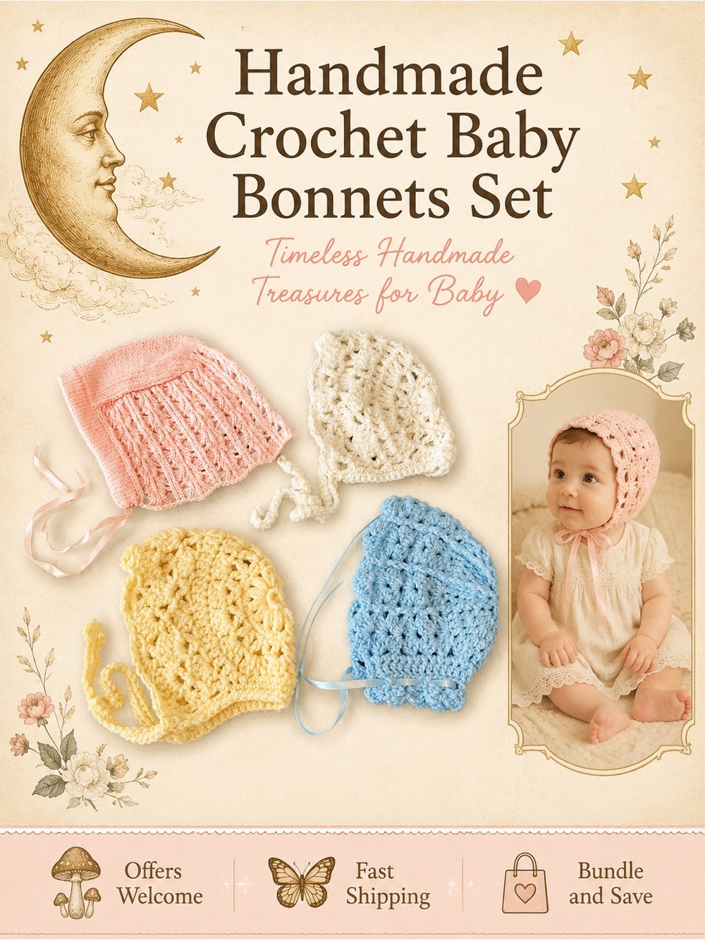 Handmade Crochet Baby Bonnets Set Of 4 Vintage Newborn Hats